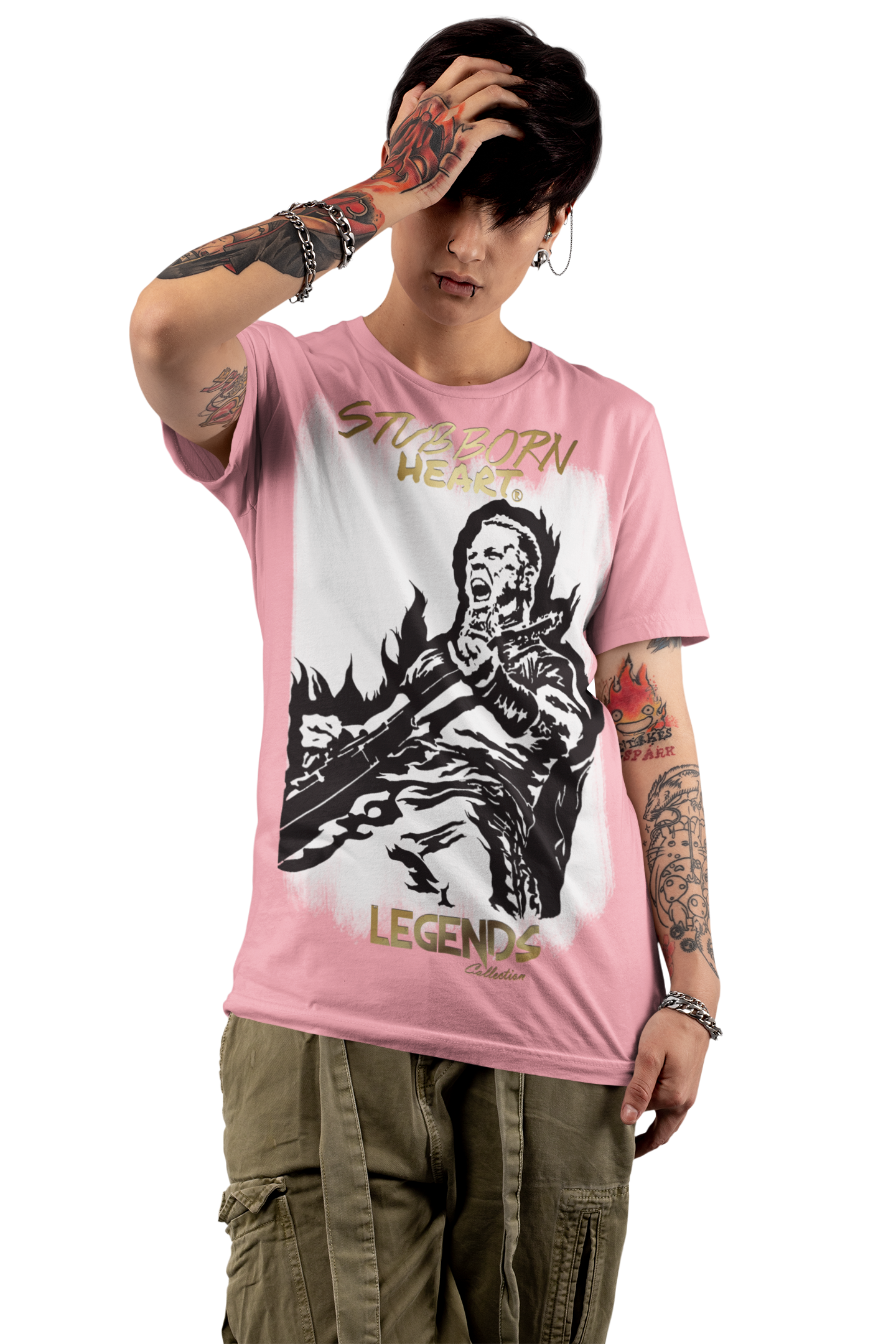 Punk rock chick modelling the Azalea Pink tee of James Hetfield from STUBBORN HEART'S LEGENDS COLLECTION:
